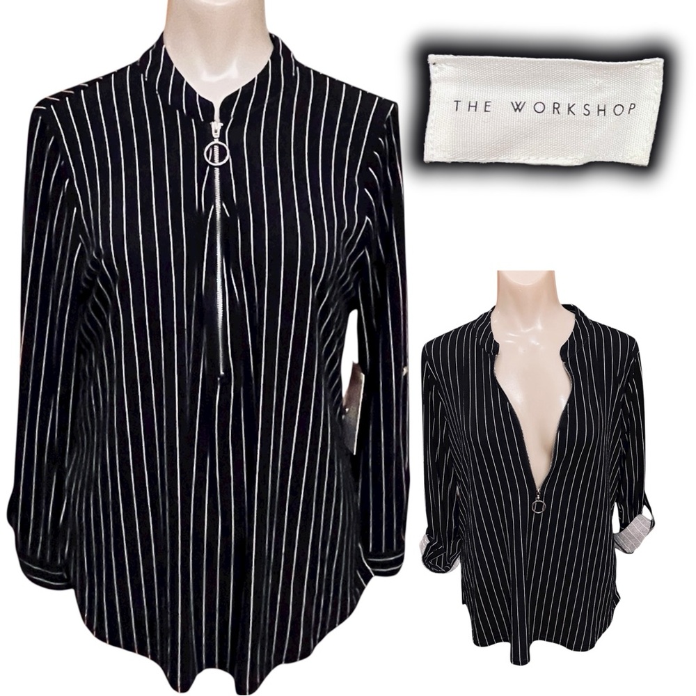 The Workshop Pinstripe Ring Pull Half Zip Roll Tab Long Sleeve Pullover Blouse